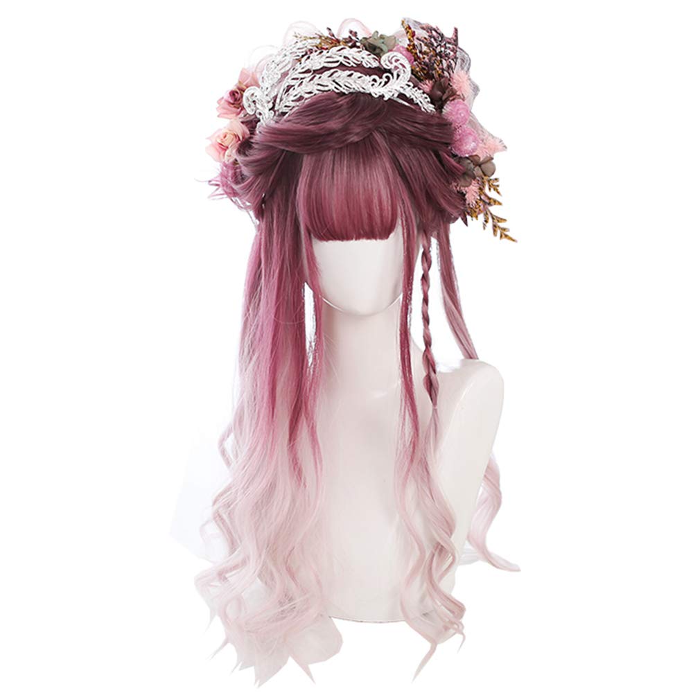 Purple Red Gradient Light Pink Synthetic Long Curly Hair Wig Japanese  Rooming Face Natural Cute Girls Cosplay Wigs