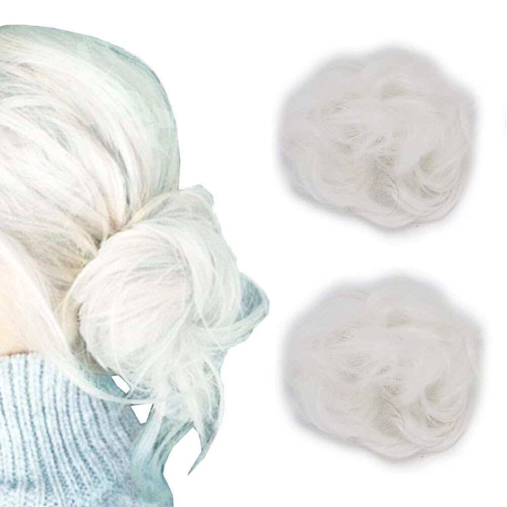 Totally White Scrunchy Bun Up Do Hair Chignons Hairpiece Ribbon Ponytail Hair Extension Wavy Messy Synthetic Hair Wig Bun Extensions for Women Girl (2pcs/pack, #1001-Pure Snow White)