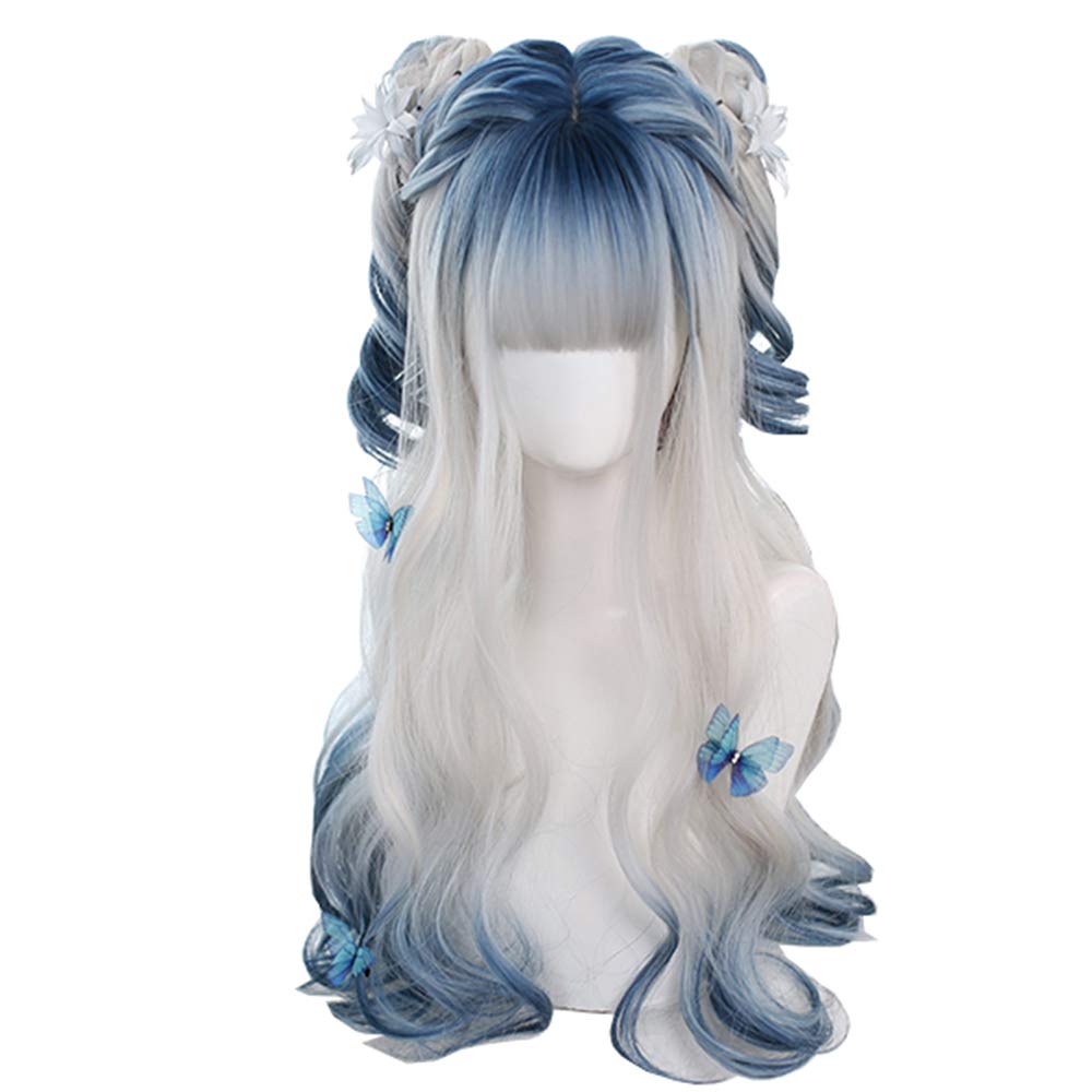 Irregular Coloring Body Wave Synthetic Long Hair Wig Blue Gradient White Gradient Blue  Beauty Japanese Girl Cosplay Wig