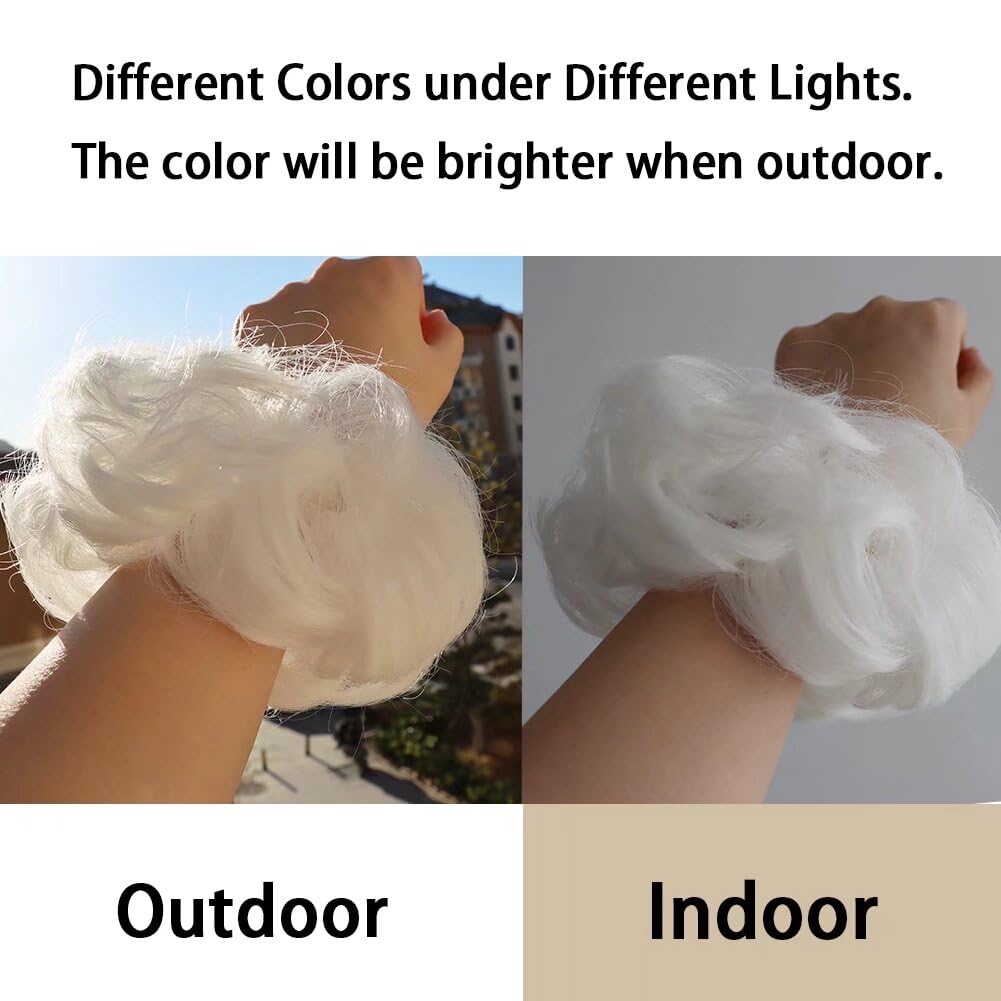 Totally White Scrunchy Bun Up Do Hair Chignons Hairpiece Ribbon Ponytail Hair Extension Wavy Messy Synthetic Hair Wig Bun Extensions for Women Girl (2pcs/pack, #1001-Pure Snow White)