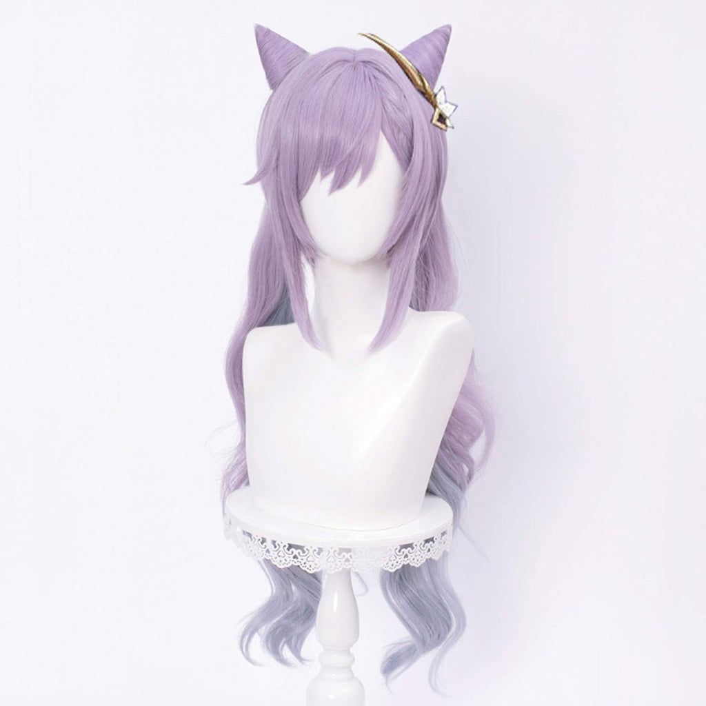 Purple  Cosplay Wig with Horns Pigtails Game Anime Pastel Cosplay Hair Wigs with Twin Ponytails + Cap Long