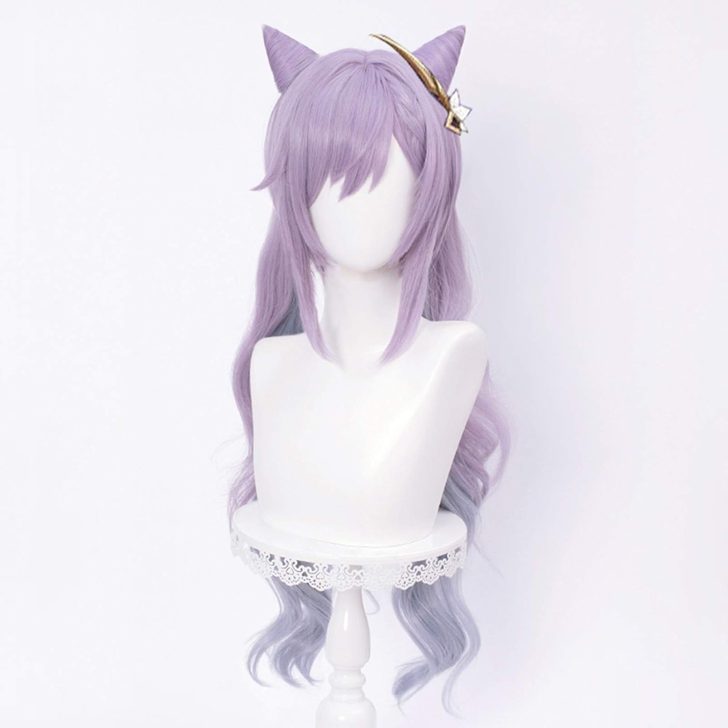 Purple  Cosplay Wig with Horns Pigtails Game Anime Pastel Cosplay Hair Wigs with Twin Ponytails + Cap Long