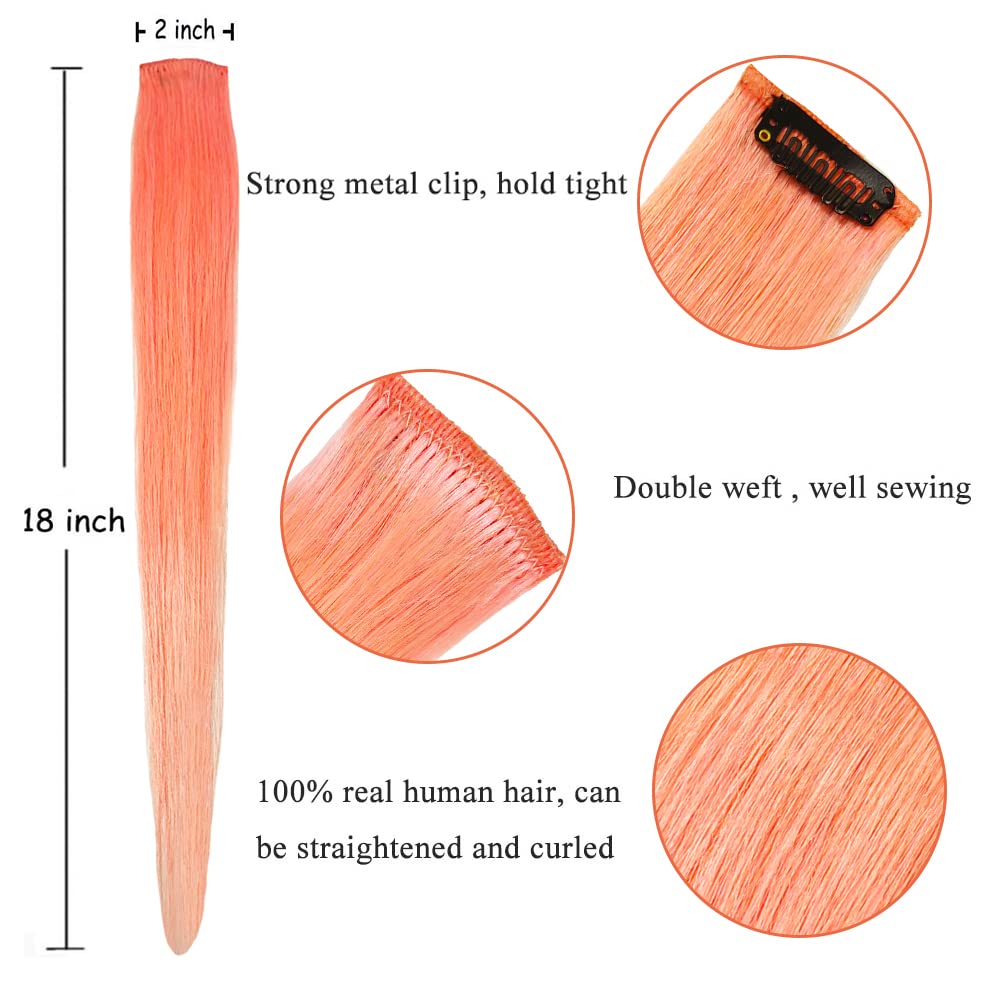 18 Inches 5 Pcs Colored Party Highlights Straight Hair Clip in Human Hair Extensions in Multiple Colors (coral Pink)