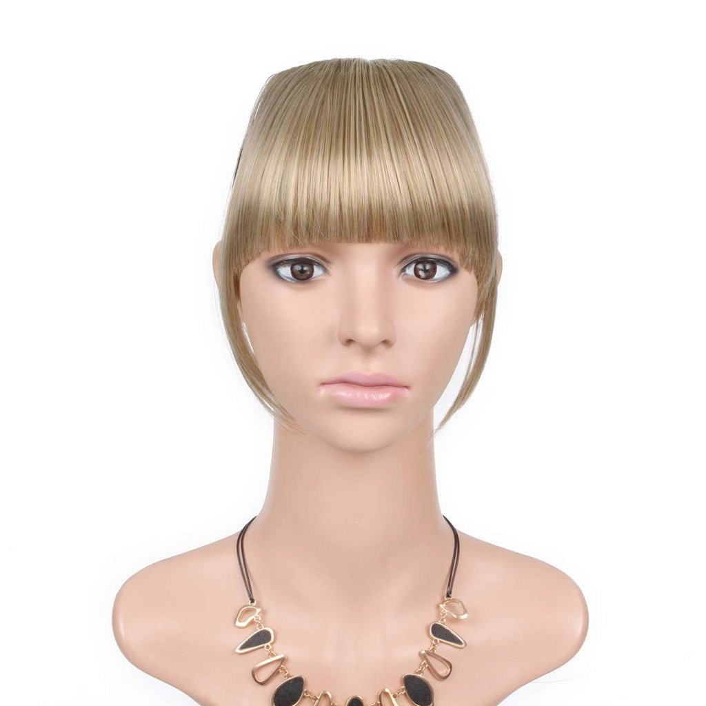 Bangs Clip in Hair Extensions Front Neat Bang Fringe One Piece 6" Short Straight Synthetic Hairpiece for Women Dark Ash Brown mix with Bleach Blonde(18/613#)