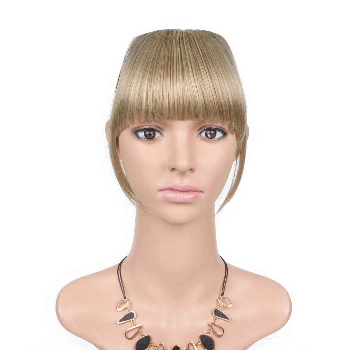 Bangs Clip in Hair Extensions Front Neat Bang Fringe One Piece 6" Short Straight Synthetic Hairpiece for Women Dark Ash Brown mix with Bleach Blonde(18/613#)