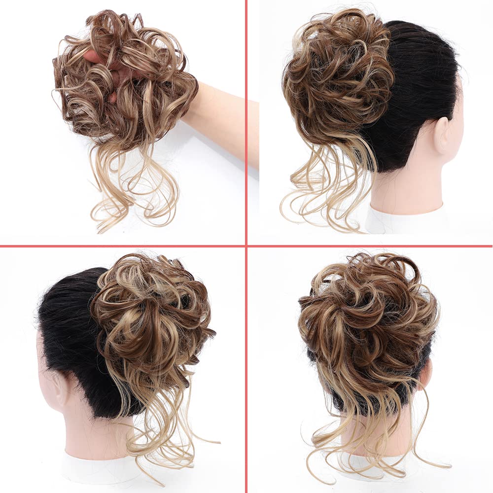 Messy Bun Hair Piece Tousled Updo Hair Buns Extension Elastic Hair Band Hair Pieces Curly Hair Bun Scrunchie For Women (Brown Mix Ash Blonde)