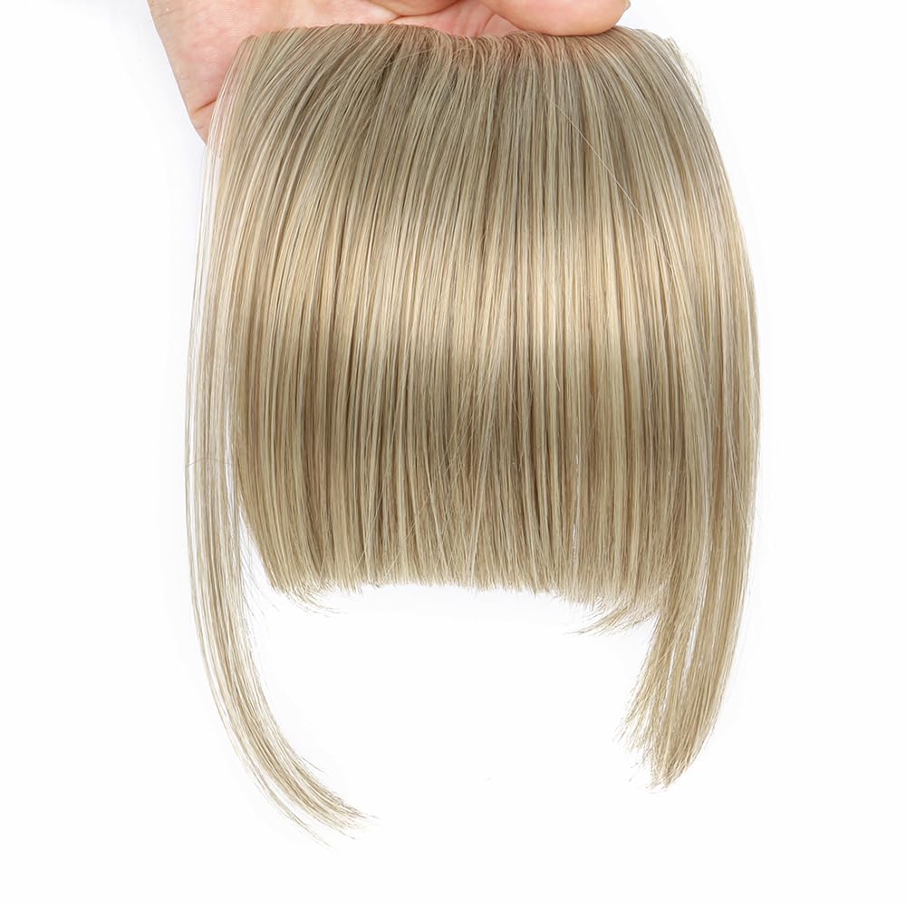 Bangs Clip in Hair Extensions Front Neat Bang Fringe One Piece 6" Short Straight Synthetic Hairpiece for Women Dark Ash Brown mix with Bleach Blonde(18/613#)