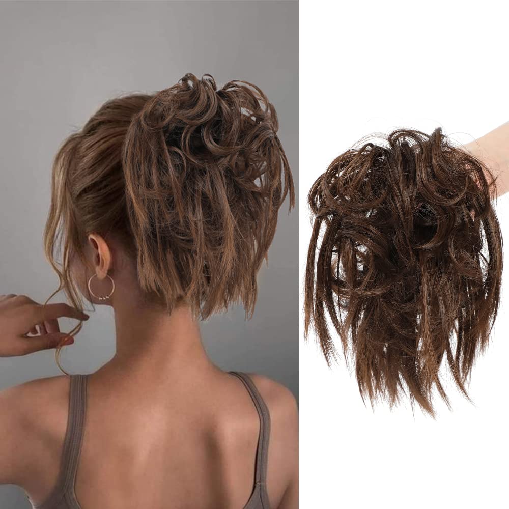 Messy Bun Hair Piece,Synthetic Tousled updo Short Ponytail Faux Hair Scrunchie with Elastic Rubber Band Fake Hair Bun for Women (Chestnut Brown)