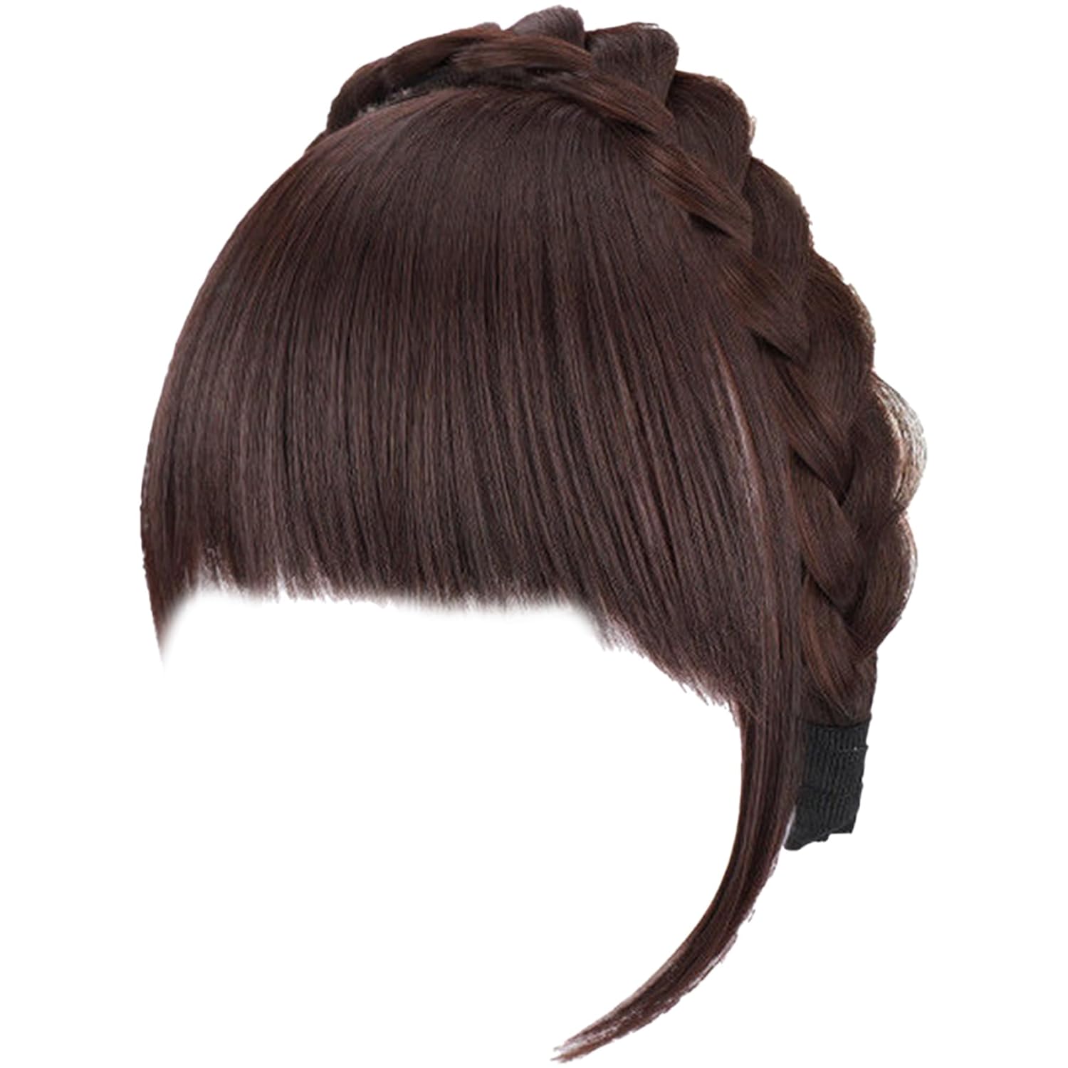 Fluffy Front Fake Bangs,Hair Piece Clip,Synthetic Braided Headband Wig with Bangs,Non slip Headband Hair Extensions for Women Girls/Dark Brown