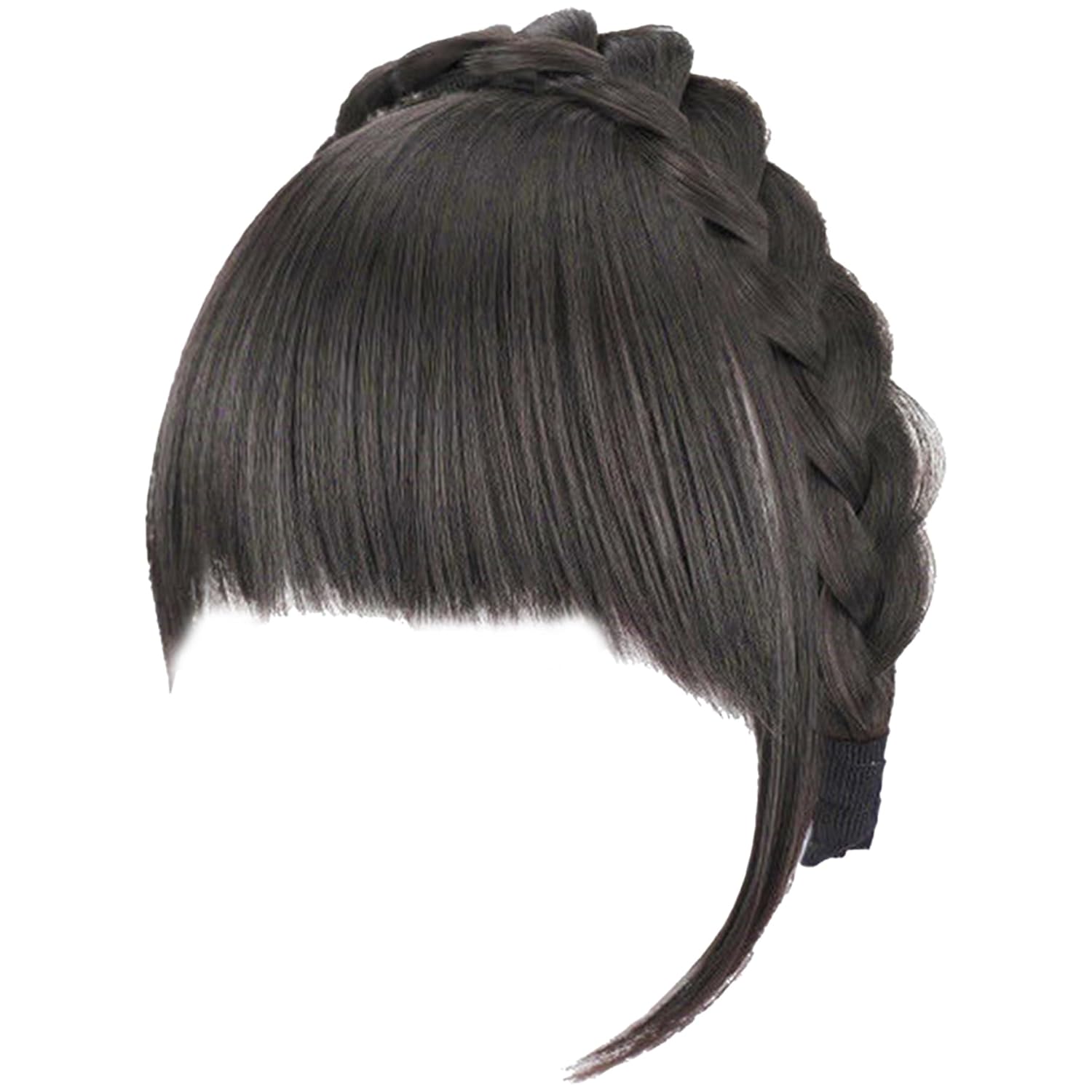 Fluffy Front Fake Bangs,Hair Piece Clip,Synthetic Braided Headband Wig with Bangs,Non slip Headband Hair Extensions for Women Girls/Brown Black