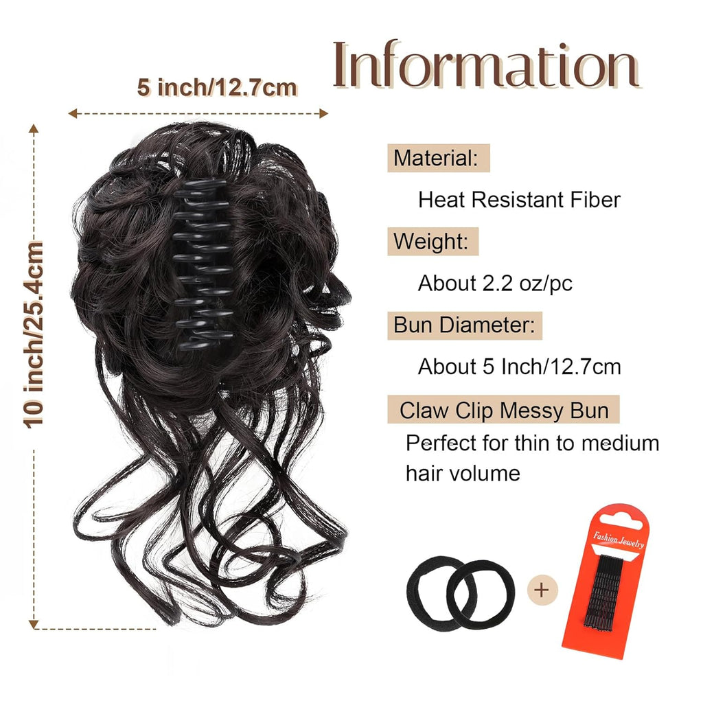 Messy Bun, Fake Hair Bun Hair Pieces for Women, Messy Bun Hair Piece Clip on Bun Extensions, Curly Hairpieces for Women Daily Wedding Use(Darkest Brown Tend to Black)