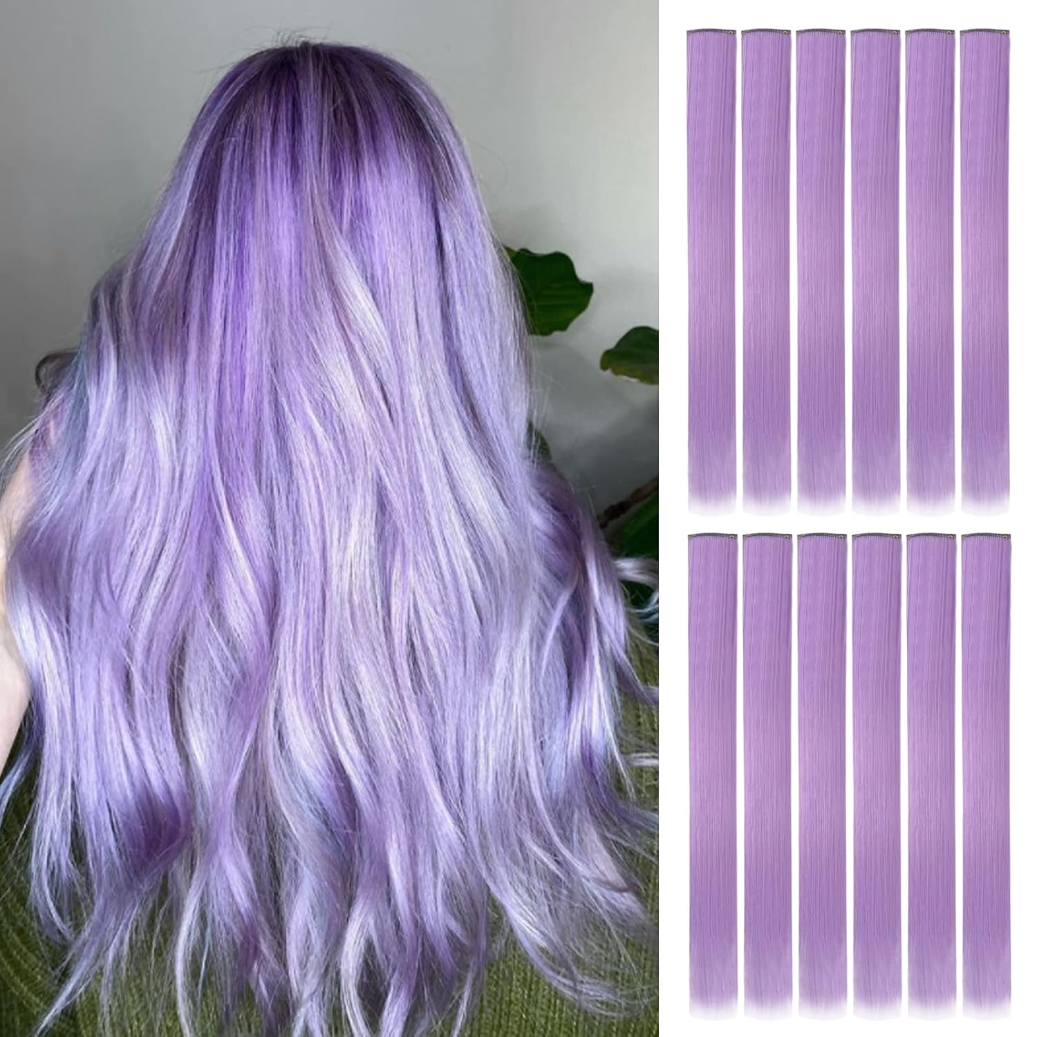 12 Pcs Clip in Hair Extensions, 22 Inch Colored Hair Extensions Party Highlights Long Straight Synthetic Hairpieces for Women Kids Girls (Light Purple)