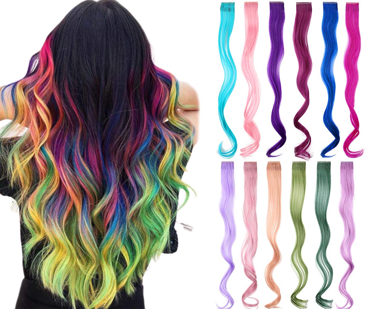 Colored hair extensions 22 Inch Rainbow Hair Synthetic straight Hair Extensions for Women Girls Kids Gift Multi-Colors Party Clip in Synthetic Hairpiece