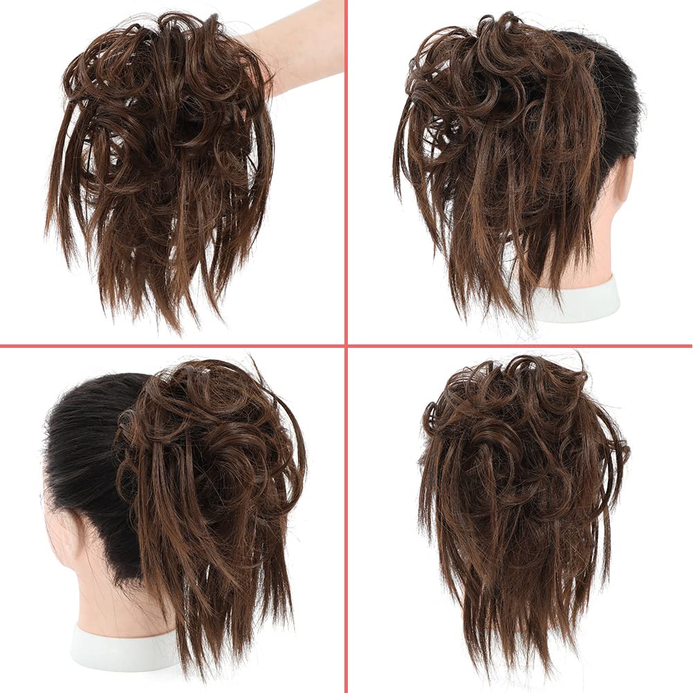Messy Bun Hair Piece,Synthetic Tousled updo Short Ponytail Faux Hair Scrunchie with Elastic Rubber Band Fake Hair Bun for Women (Chestnut Brown)