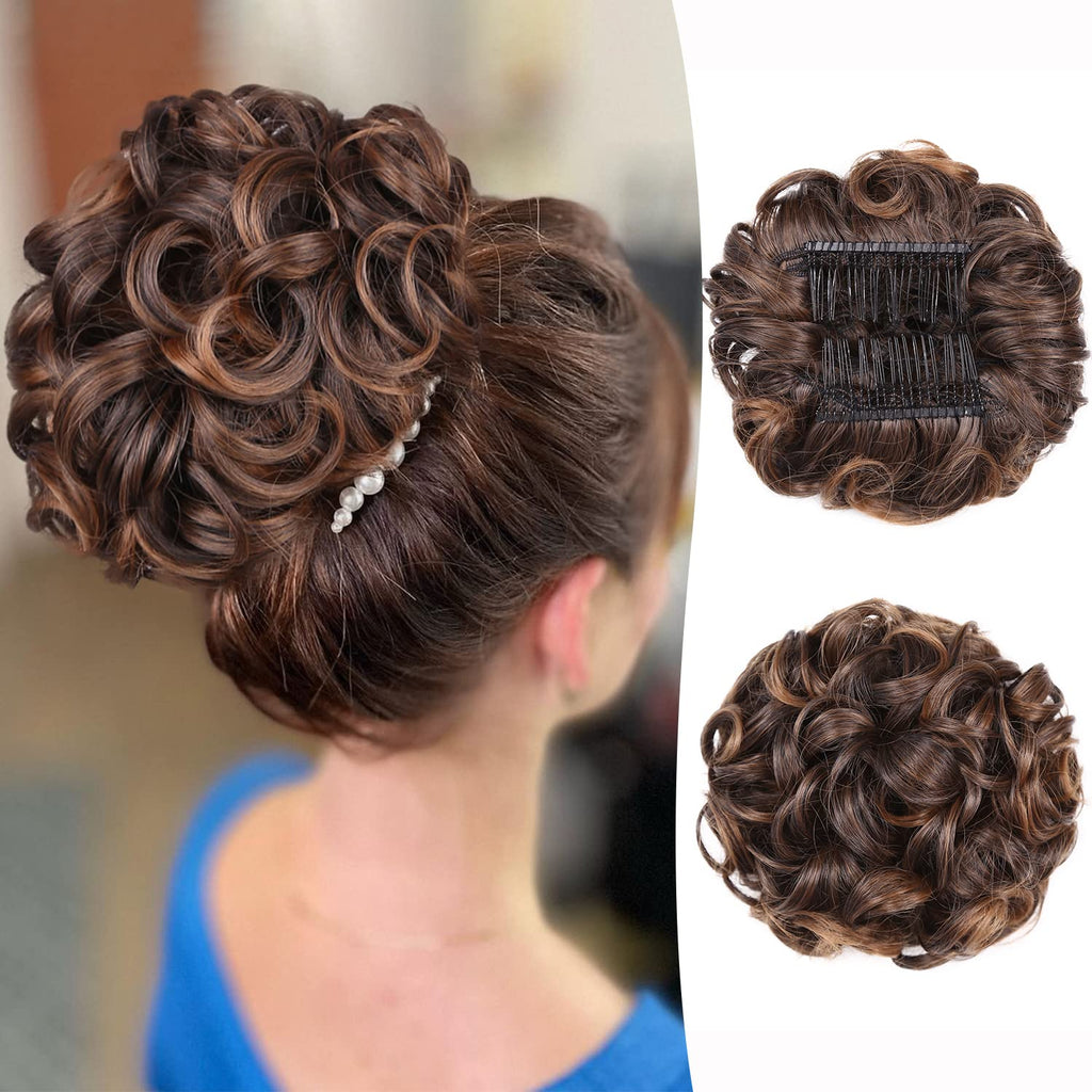 Messy Hair Bun Clip in Updo Hairpieces for Women Brown Curly Scrunchies Tousled Chignon Synthetic Short Ponytail Hair Extensions