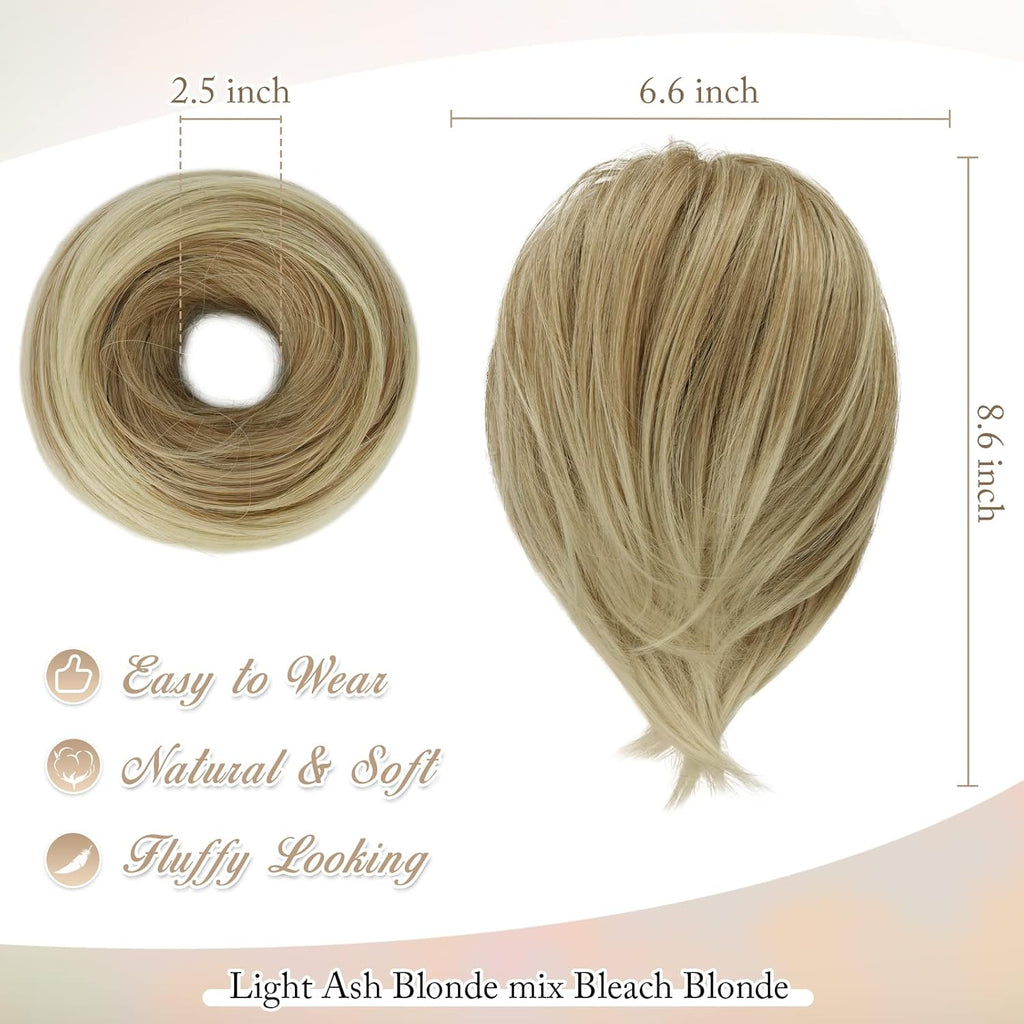 Straight Hair Bun Extensions - Short Straight Ponytail Blonde Hair Bun Extensions for Women, Synthetic Elastic Messy Bun Scrunchies Hairpieces Daily - Light Ash Blonde Mix