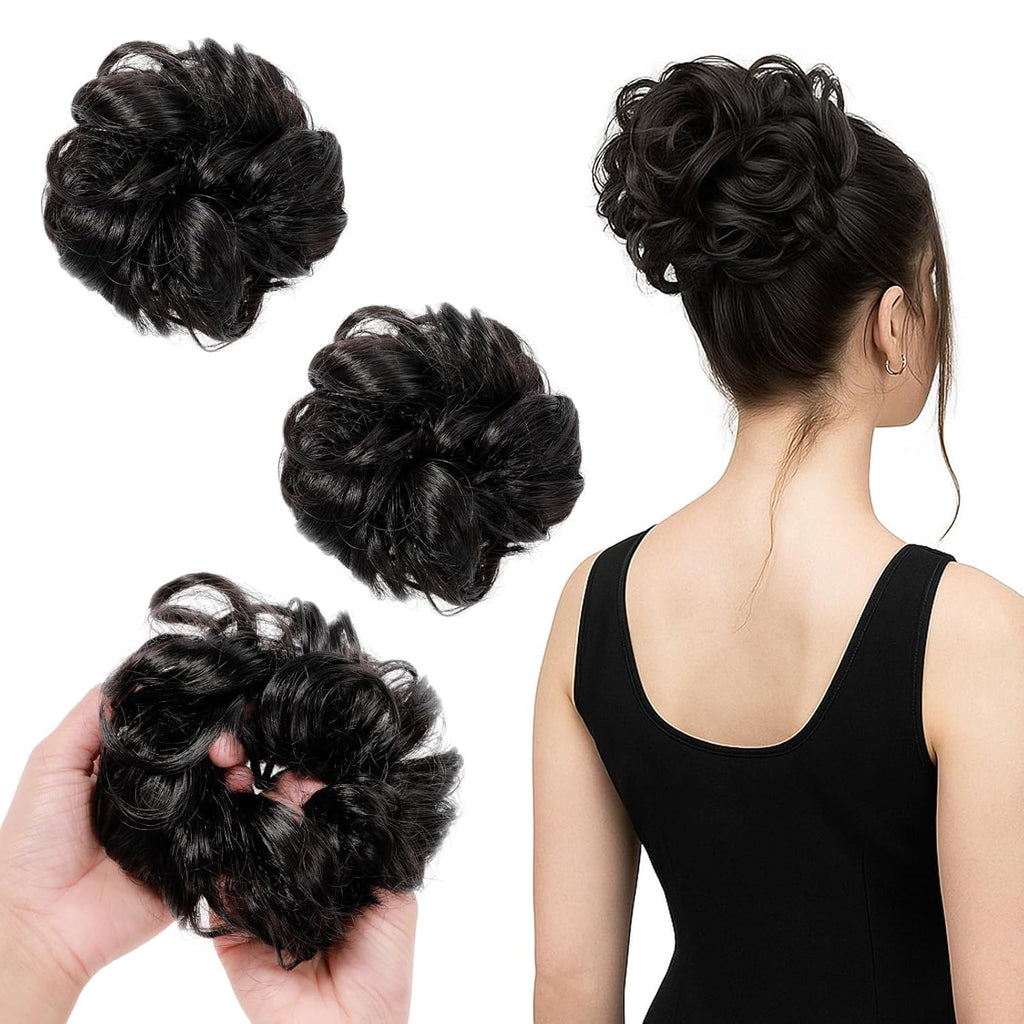 2 Pcs Messy Bun Hair Piece Wavy Curly Scrunchies Synthetic Chignon Ponytail Wig Hair Extensions Thick Tousled Updo Bun Hairpieces for Women Girls (Natural Dark Brown)