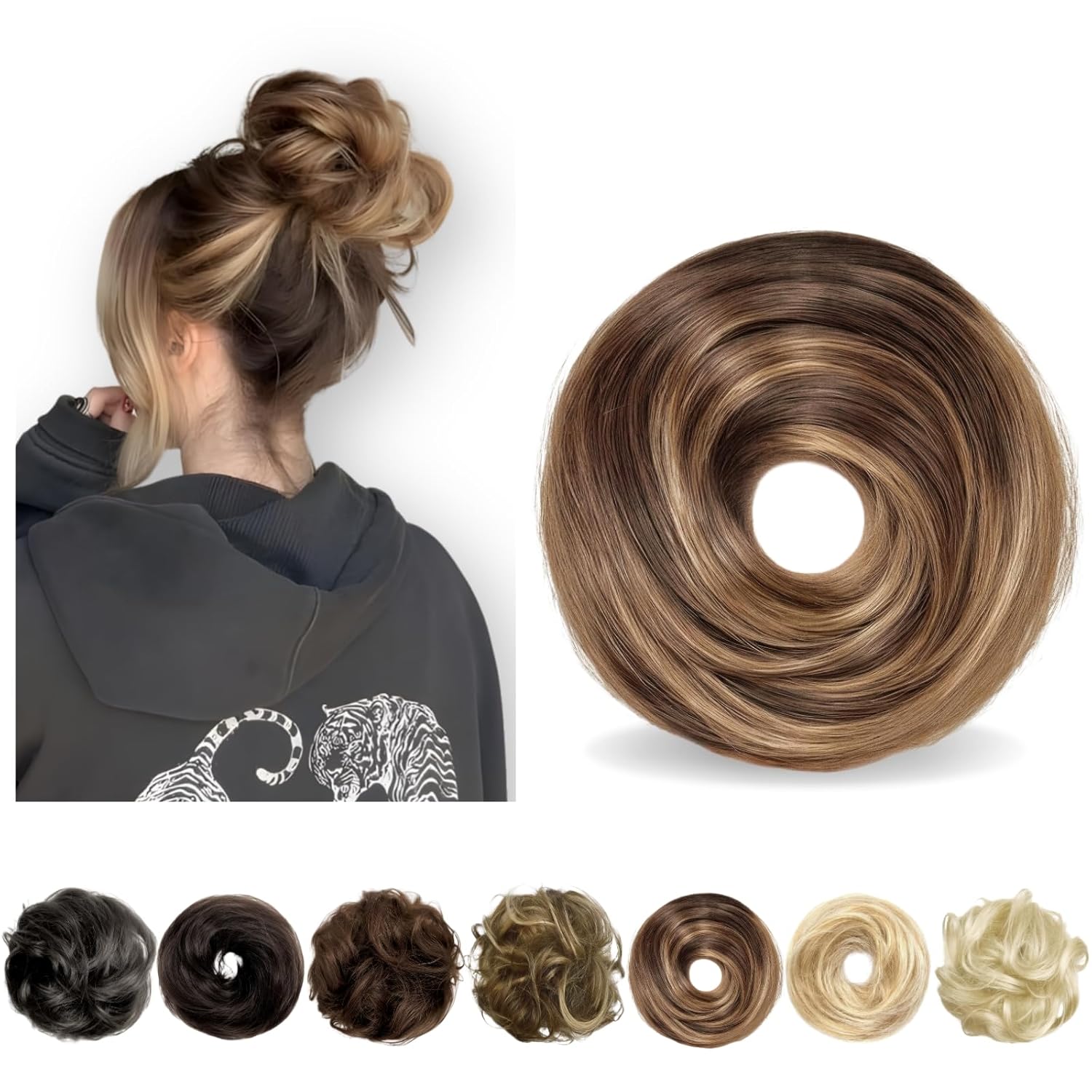 Messy Bun Hair Piece Human Hair, Human Hair Bun, Messy Bun Scrunchie Updo Hairpieces Donut, Real Hair Bun Wig, Hairpiece for Women Medium Brown Mixed Honey Blonde