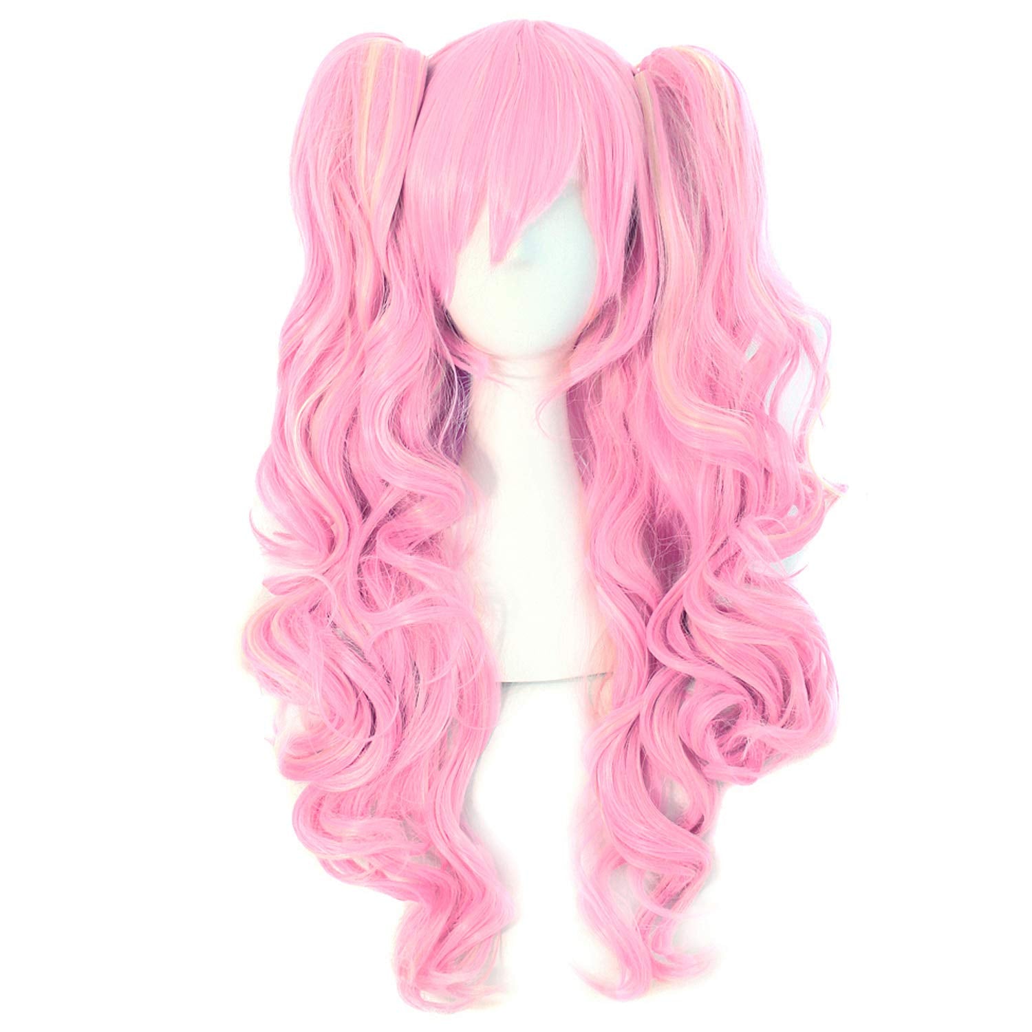 Multi-color  Long Curly Clip on synthetic Ponytails Cosplay Wig (Pink/Blonde)