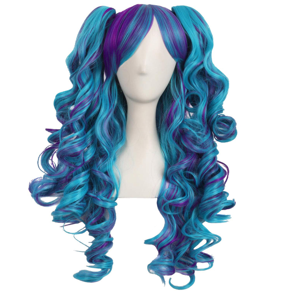 Multi-color  Long Curly Clip on Ponytails Cosplay Wig (Dark Purple/Cyan Blue)
