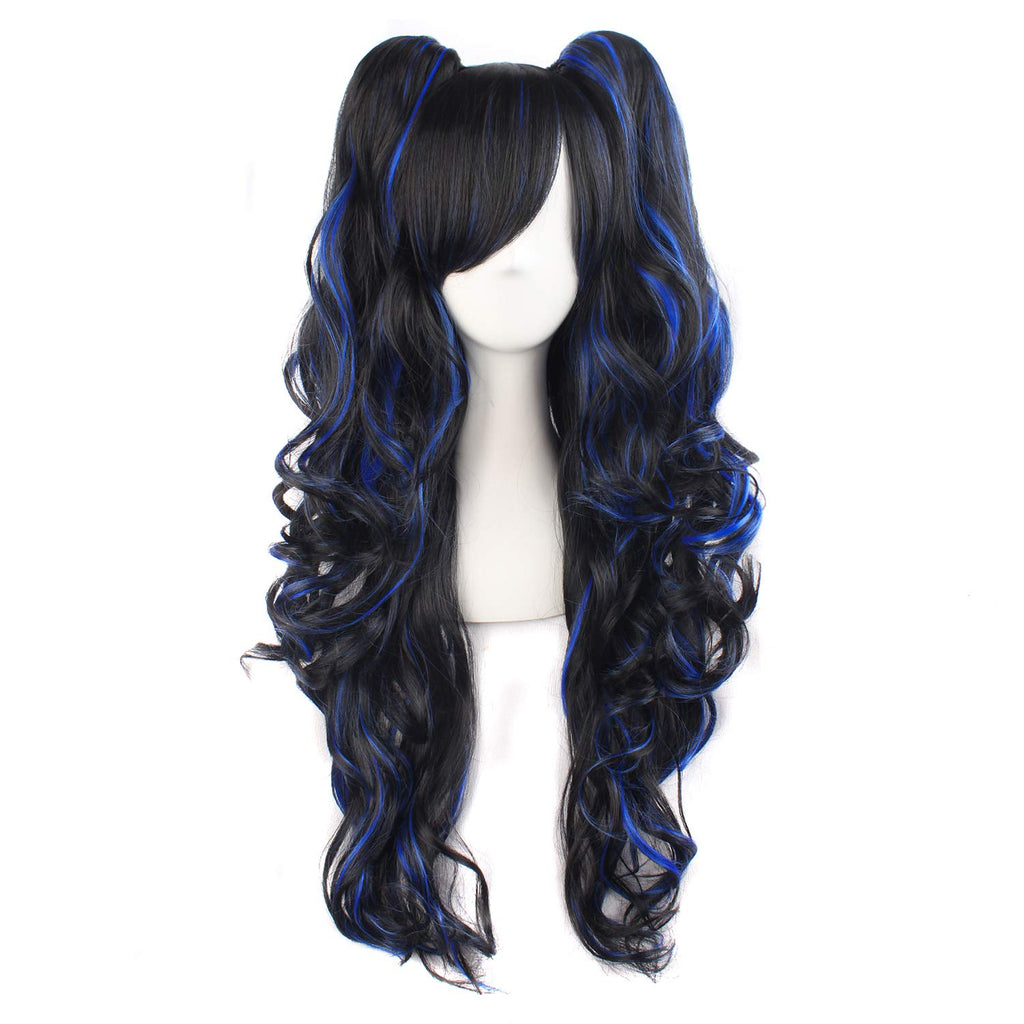 Multi-color  Long Curly Clip on Ponytails Cosplay Wig (Black/Blue)