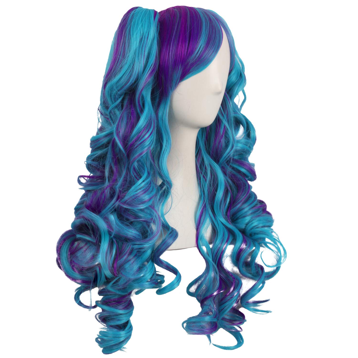 Multi-color  Long Curly Clip on Ponytails Cosplay Wig (Dark Purple/Cyan Blue)