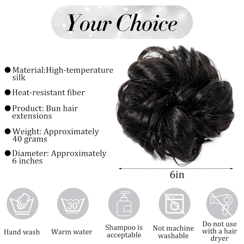 2 Pcs Messy Bun Hair Piece Wavy Curly Scrunchies Synthetic Chignon Ponytail Wig Hair Extensions Thick Tousled Updo Bun Hairpieces for Women Girls (Natural Dark Brown)