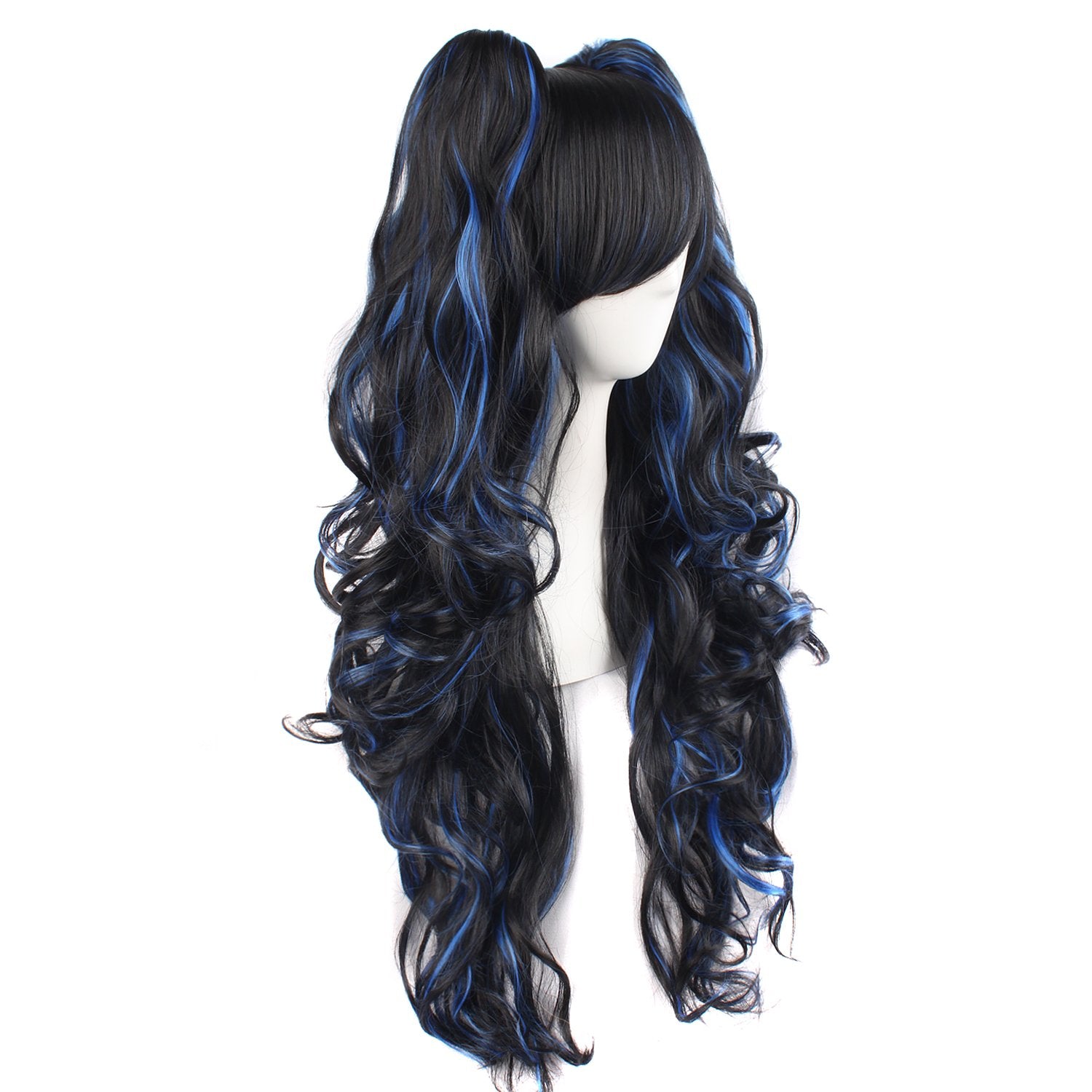 Multi-color  Long Curly Clip on Ponytails Cosplay Wig (Black/Blue)