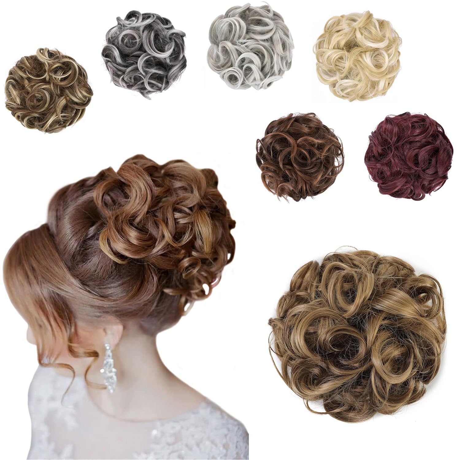 Big Messy Bun Extension Curly Hair Buns Hair Pieces for Women Synthetic Wavy Large Scrunchies Thick Updo Ponytail (Medium Ash Brown & Light Ash Blonde Highlights -#83A)