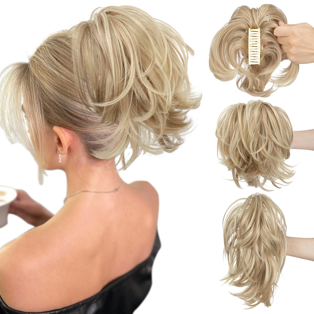 Claw Clip Short Ponytail Hair Extensions DIY Bendable Metals Messy Bun Hair Piece for Wonen Straight Synthetic Fake Hairpieces Dirty Blonde
