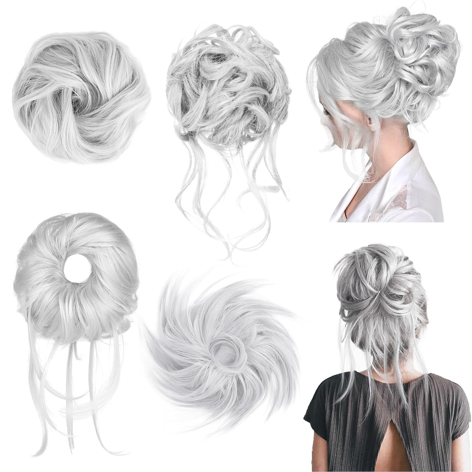 Messy Bun Hair Pieces, 4 Pieces Messy Bun Straight Bun Hair Pieces for Women Wavy Tousled Updo Short Ponytail Hair Extensions Hair Scrunchies Large Bun with Elastic Band - Silver Gray