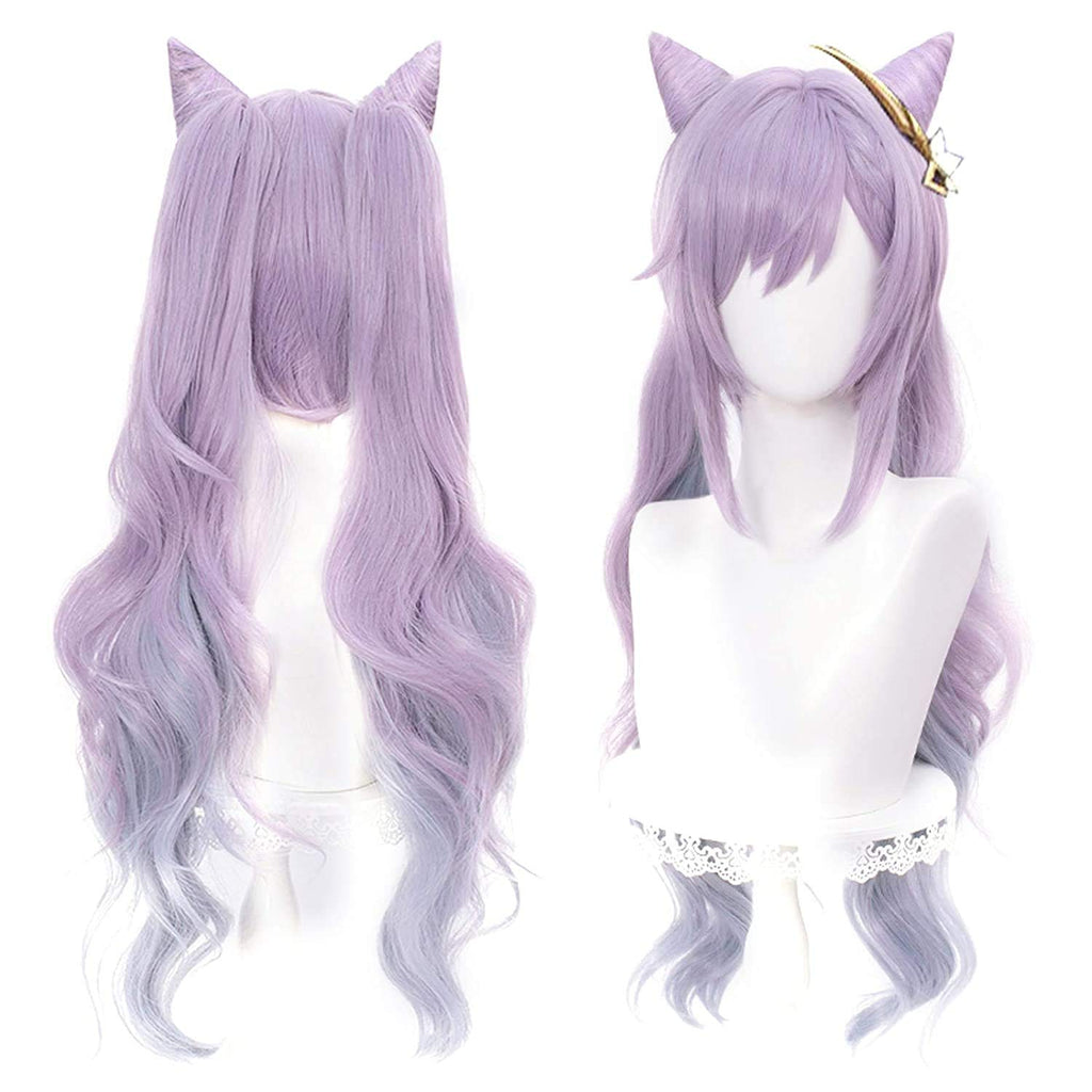 Purple  Cosplay Wig with Horns Pigtails Game Anime Pastel Cosplay Hair Wigs with Twin Ponytails + Cap Long