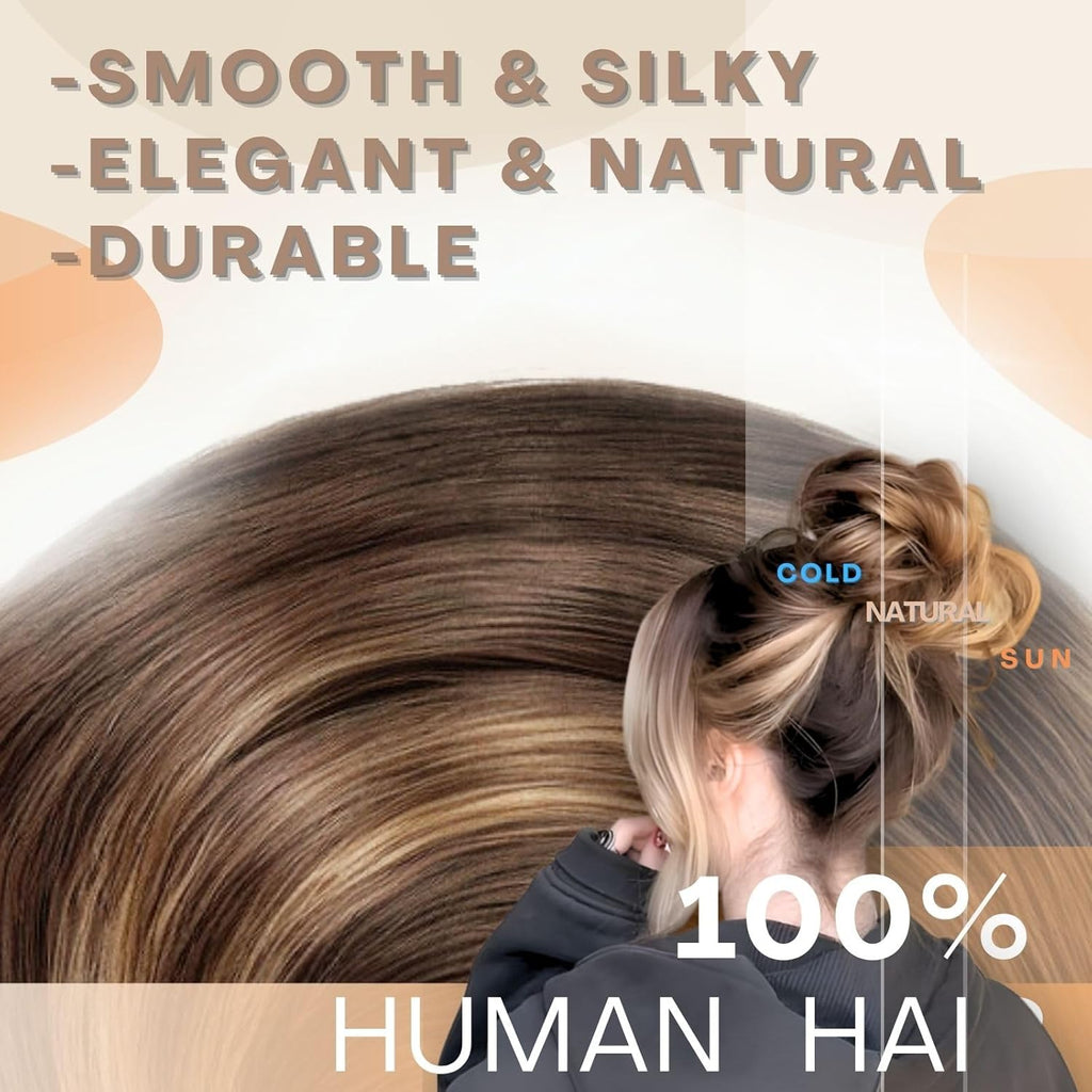 Messy Bun Hair Piece Human Hair, Human Hair Bun, Messy Bun Scrunchie Updo Hairpieces Donut, Real Hair Bun Wig, Hairpiece for Women Medium Brown Mixed Honey Blonde