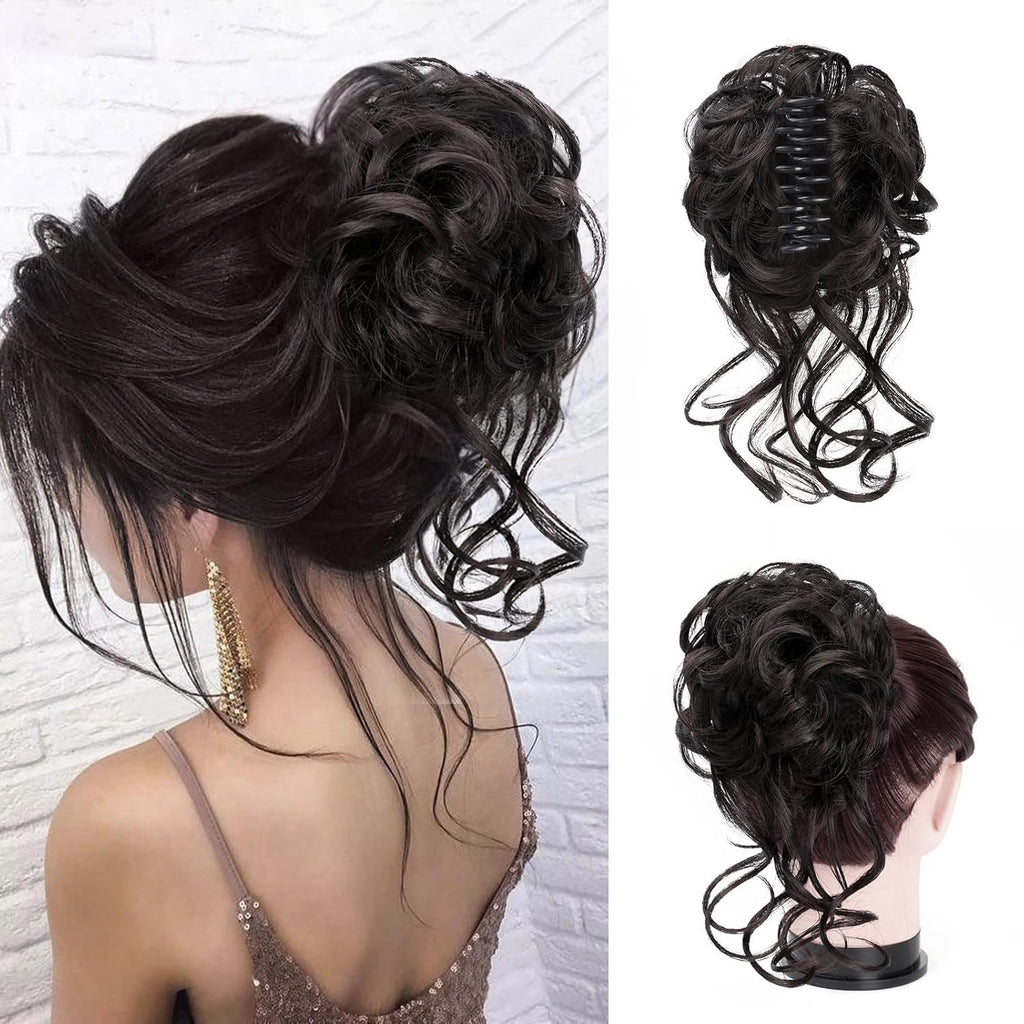 Messy Bun, Fake Hair Bun Hair Pieces for Women, Messy Bun Hair Piece Clip on Bun Extensions, Curly Hairpieces for Women Daily Wedding Use(Darkest Brown Tend to Black)
