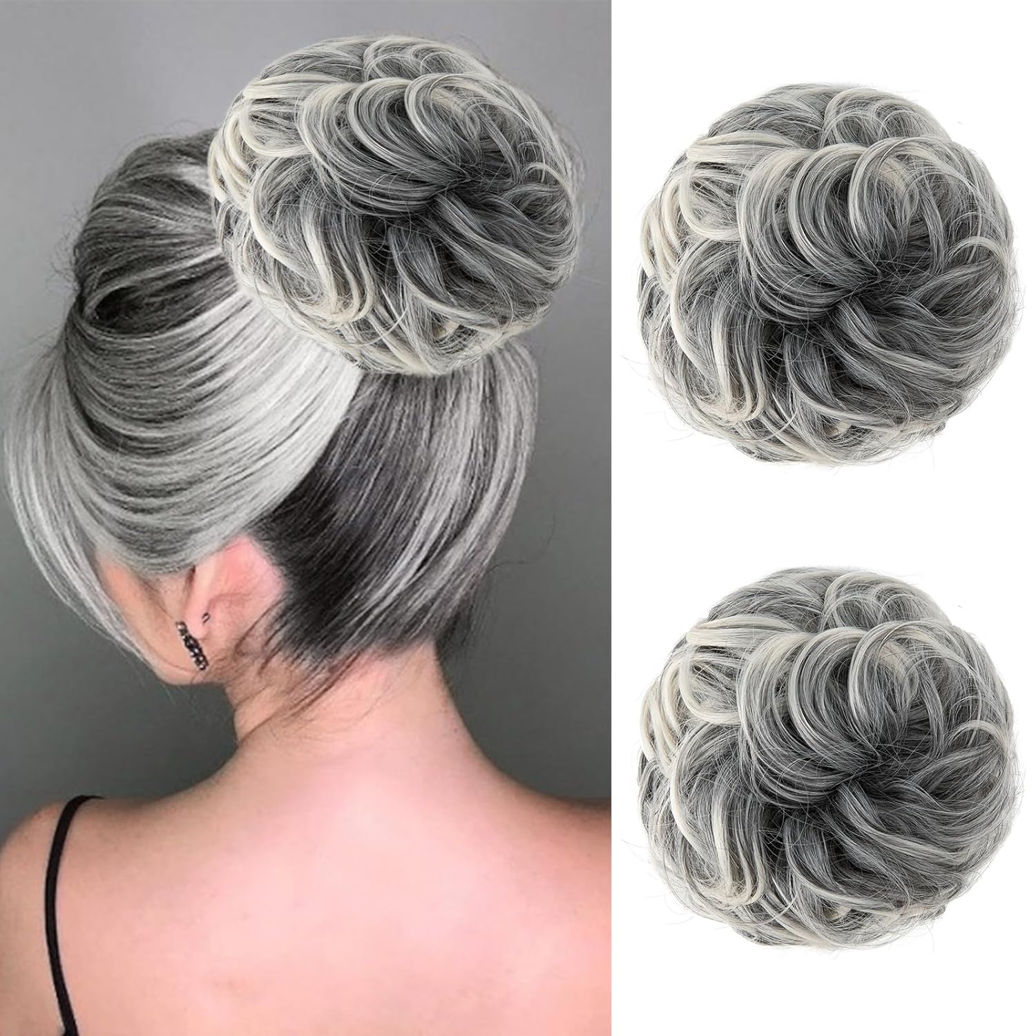 2PCS Messy Bun Hair Piece Extensions - Heat Resistant Synthetic Curly Hairpieces Elastic Scrunchie for Women Updo Ponytail Buns -Wavy Fake Wig Hairpiece for Daily, Party, Wedding(Black Mix Gray)