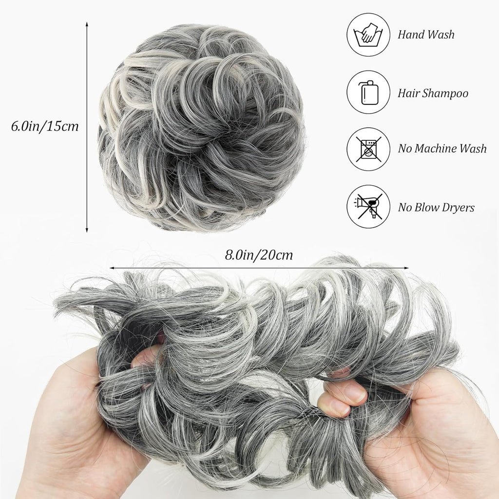 2PCS Messy Bun Hair Piece Extensions - Heat Resistant Synthetic Curly Hairpieces Elastic Scrunchie for Women Updo Ponytail Buns -Wavy Fake Wig Hairpiece for Daily, Party, Wedding(Black Mix Gray)