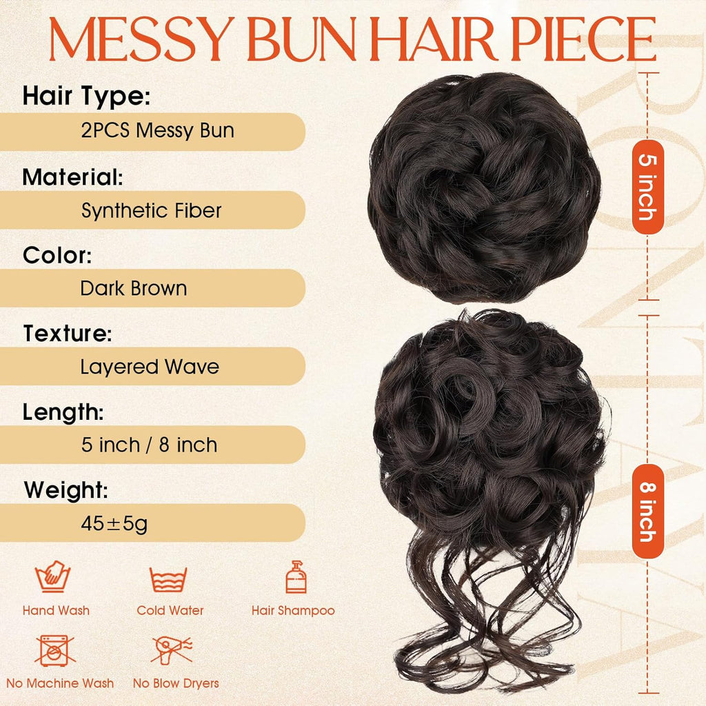 2PCS Messy Bun Hair Piece Wavy Curly Synthetic Updo Chignon Fake Scrunchies Ponytail Extension for Women Dark Brown