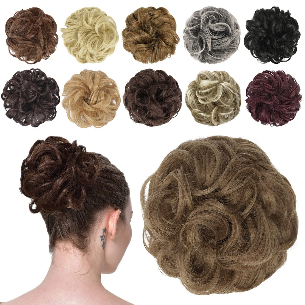 Messy Bun Hair Piece - Elastic Wavy Curly Hair Bun Scrunchies Extensions Synthetic Chignon Hairpieces for Women Girls, Light Brown mix Natural Blonde 1.5 oz