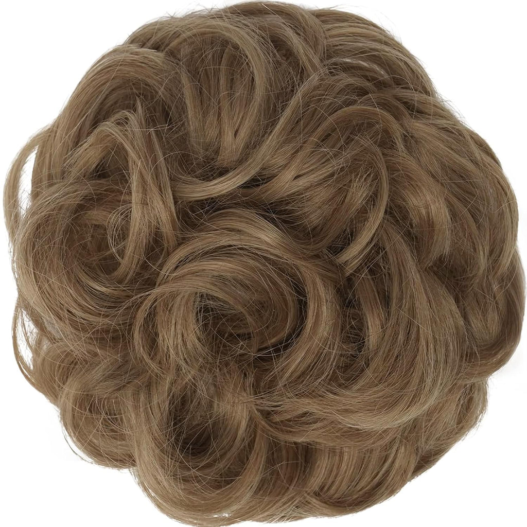 Messy Bun Hair Piece - Elastic Wavy Curly Hair Bun Scrunchies Extensions Synthetic Chignon Hairpieces for Women Girls, Light Brown mix Natural Blonde 1.5 oz